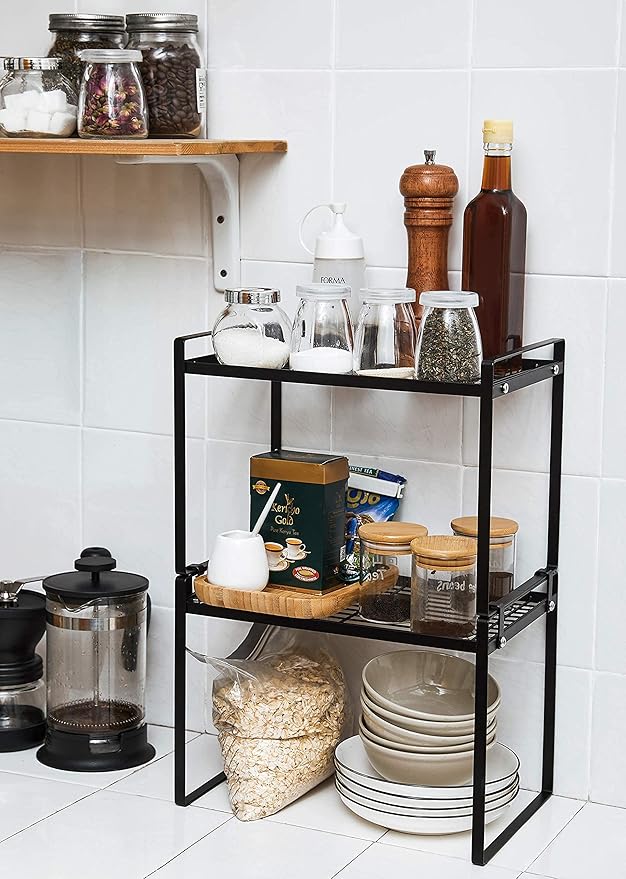 2pk Kitchen Cabinet Shelf Counter Organizer Rack Pantry Storage Bathroom Bedroom Office Table Desk Space Saving Steel Frame Stackable Rust Resistant Non Slip Black-Tall-L13in W8.3in H9.5in-NeatNest