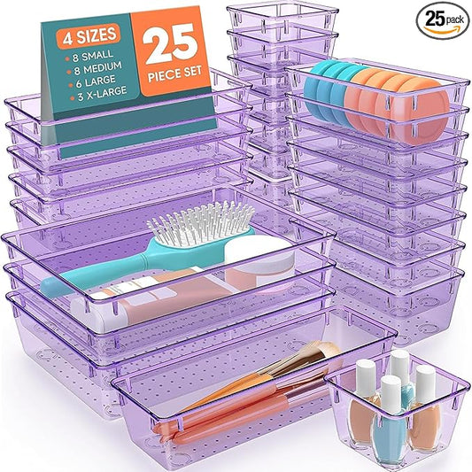 25 PCS Plastic Drawer Organizer Set, 4-Size Versatile Organizer Trays & storage Bins for Makeup, Jewelry, and Gadgets in Bathroom, Bedroom and Office,Clear Purple-NeatNest
