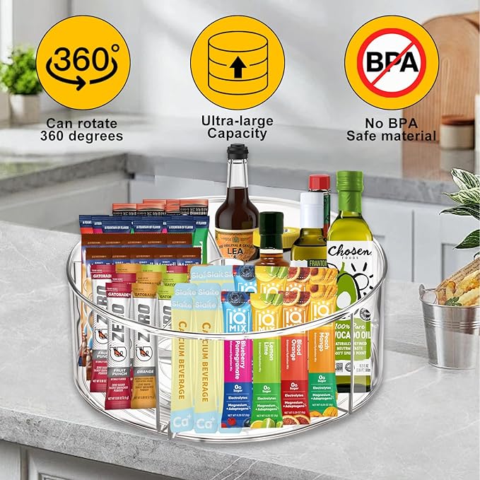 Clear Acrylic Drink Packet Organizer 11.7" x 11.7" x 4.5", 360° Rotating Carousel Lazy Susan Storage Bins Turntable 5-Compartment Dividers for Kitchen Fridge Pantry Powdered Drinks Water Snacks-NeatNest