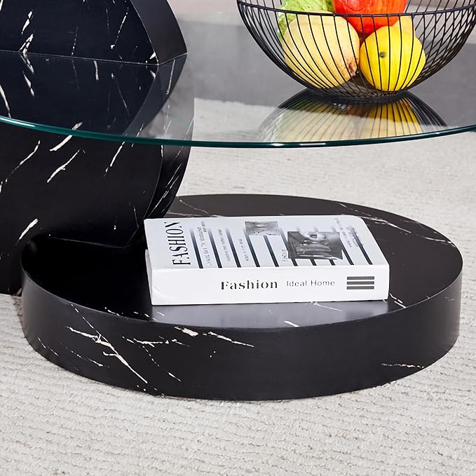 Glass Coffee Tables for Living Room Round Coffee Tables Modern Double Layer Round Table Circle Coffee Table for Small Space Home Office (35.4 Inch Black)