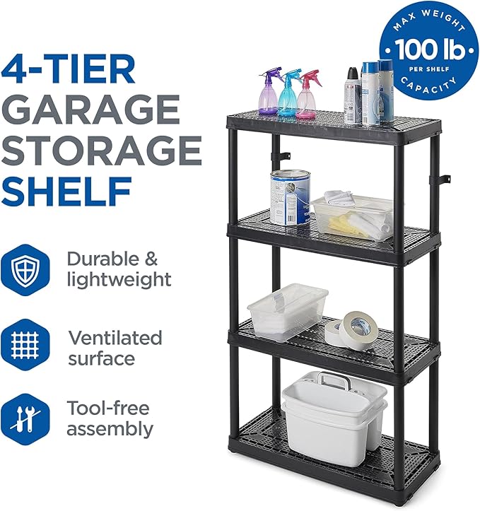 Gracious Living 4 Shelf Fixed Height Medium Duty Storage Unit 14 x 32 x 54.5" Organizer System for Home, Garage, Basement, & Laundry, Black (4 Pack)