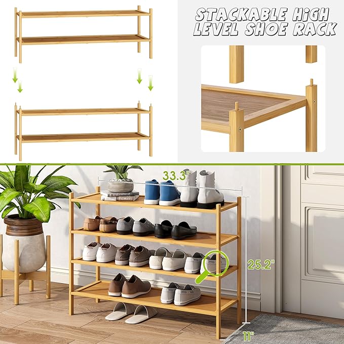 BMOSU 4-Tier Bamboo Extended Shoe Rack Premium Stackable Shoe Shelf Storage Organizer for Hallway Closet Living Room Entryway Organizer(Natural)-NeatNest