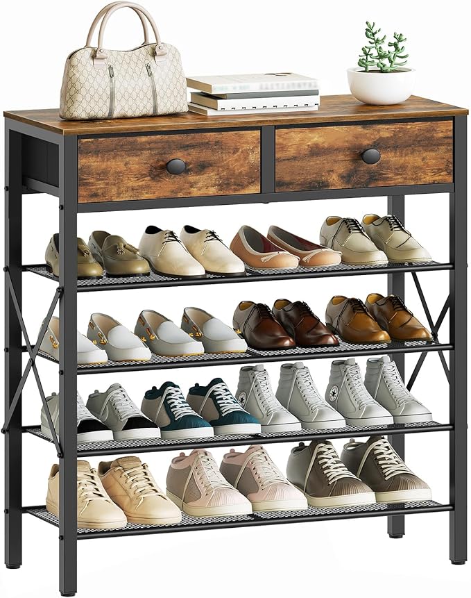 5 Tier Shoe Rack, Large Capacity Shoe Storage Organizer, Metal Shoe Shelf with Drawer and Wooden Top, for 20 Pairs of Shoes, for Entryway, Closet, Rustic Brown and Black SS25BRY1N1-NeatNest
