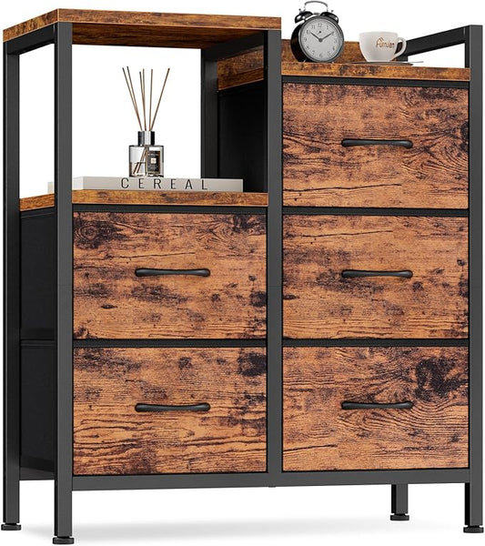 Furnulem 5 Drawer Rustic Brown Dressers for Bedroom 2 Tier Shelf Storage Small Fabric Dresser for Closet Sturdy Metal Frame Modern Style Storage Cabinets Organization Units for Hallway Rooms-NeatNest