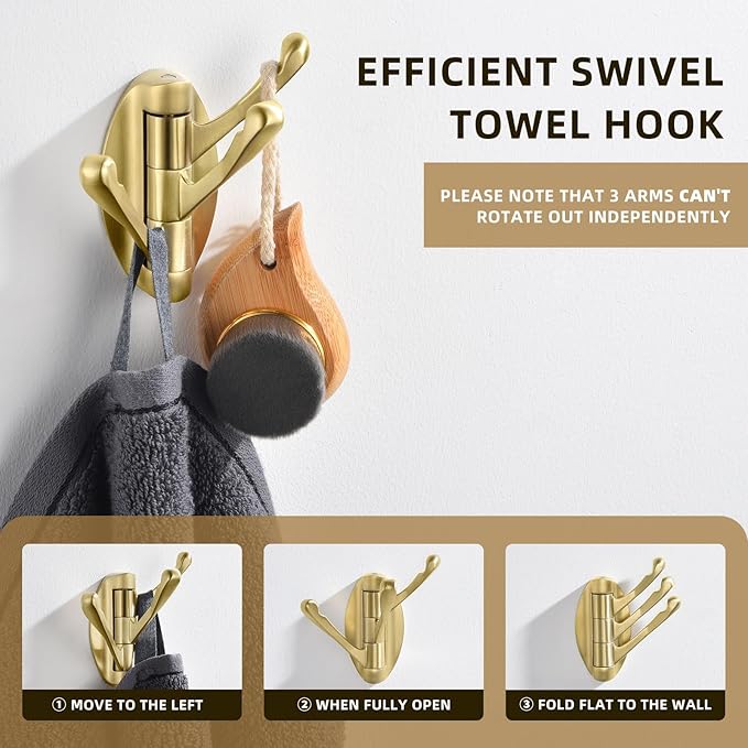 Angle Simple Towel Hook Brushed Gold, Metal Folding Swivel Towel Holder, Bathroom Robe Clothes Coat Hook, Home RV Organizer, Screw Mount