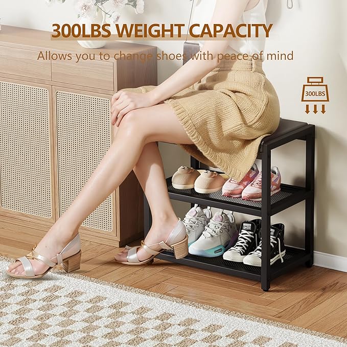 ZHOOGE Small Shoe Bench Shoe Rack Storage Bench Entryway Bench Shoe Shelf with Seat Cushion, Stable Shoe Organizer for Entryway, Living Room, Bench Seat Holds Up to 300 lb, (17"x 10"x 16", L x W x H)-NeatNest