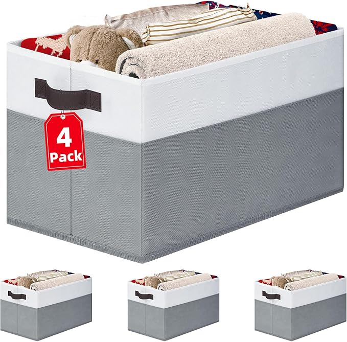 Criusia 4 Pack Large Storage Baskets for Shelves | Fabric Closet Organizers and Storage Bins with Handles Home Organization | Decorative Collapsible Baskets for Organizing Clothes Toy Nursery 14"x10"-NeatNest