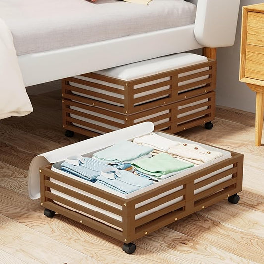 Bamboo Under Bed Storage Containers- Underbed Organizer with Wheels with Large Capacity Dust Bag,Sturdy Wood Rolling Under Bed Shoe Storage Organizer 2 Packs (Walnut, 2 Packs (23.62"×16.54"))-NeatNest