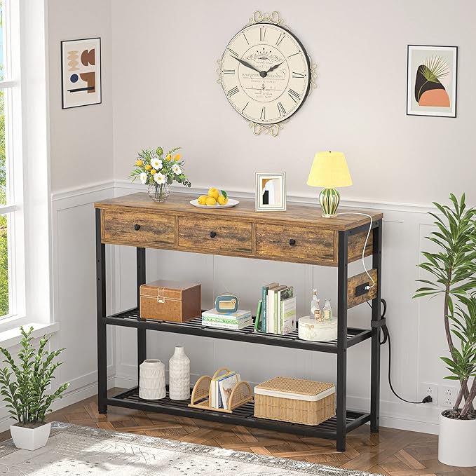Ecoprsio 47'' Entryway Table with Outlets and USB Ports, Console Table with 3 Drawers, Sofa Table Narrow Long with Storage Shelves for Living Room, Couch, Hallway, Foyer, Kitchen Counter, Rustic Brown-NeatNest