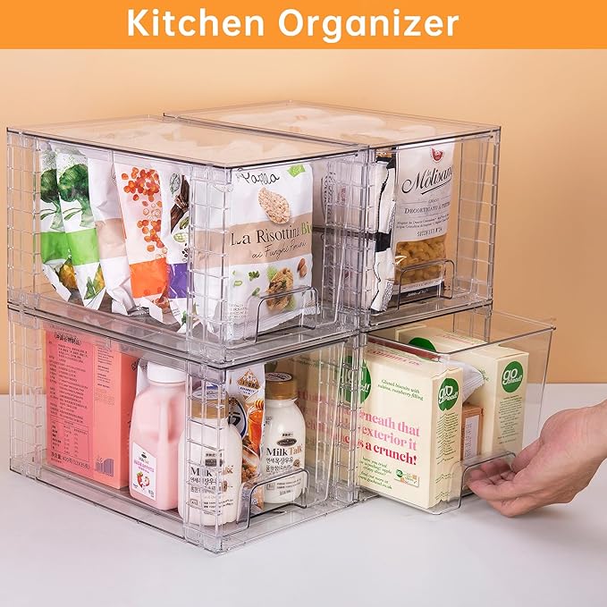 4 Pack Large Stackable Storage Drawers,Clear Acrylic Drawer Organizers with Handles, Easily Assemble for Kitchen Undersink,Bathroom,Cabinet,Makeup,Closet,Pantry,Organization and Storage-NeatNest
