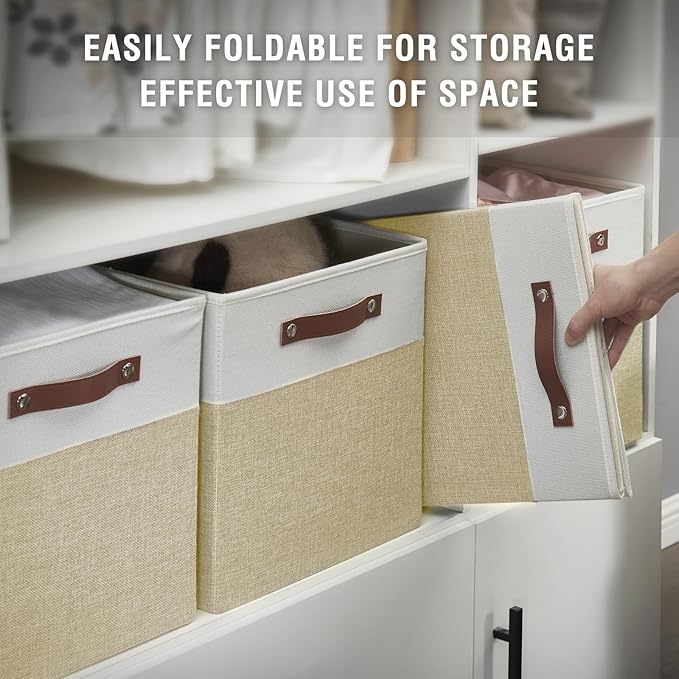 Collapsible Fabric Storage Cube Bins with 2 Reinforced PU Handles, Foldable Storage Organizer Baskets for Closet, Shelves, Living Room | 13"x13"x13", 4 Pack, Beige & White-NeatNest