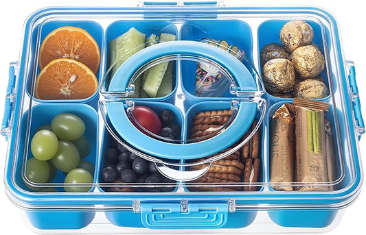 Divided Serving Tray with Lid and Handle - Snackle Box Charcuterie Container for Portable Snack Platters Organizer for Candy, Fruits, Nuts, Snacks - Perfect for Party, Entertaining, Cerulean-NeatNest