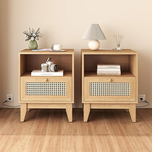 Rattan Bed Side Tables of 2 with Charging Station Wood Farmhouse Nightstands Set of 2 with USB and Type-C Ports for Bedroom Oak Rustic End Table with Drawer and Opening Shelf for Living Room