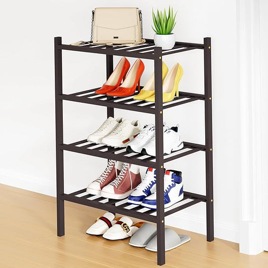 Smiry Shoe Rack, 4 Tier Small Bamboo Shoe Organizer, Stackable Free Standing Wooden Shoe Storage Shelf for Closet, Entryway, Front Door Entrance, Brown-NeatNest