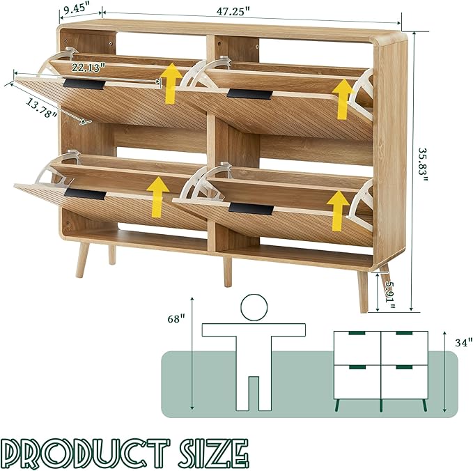 47" Fluted Large Shoe Cabinet with 4 Flip Drawers, Slim Freestanding Shoe Cabinet Organizer, Narrow Shoes Storage Rack for Entryway (Natural, 9.45" D x 47.24" W x 35.83" H)