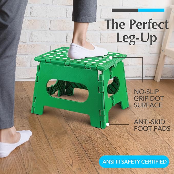 Handy Laundry Folding Lightweight Step Stool - Sturdy Enough to Support Adults and Safe Enough for Kids - Opens Easy with One Flip - Great for Kitchen, Bathroom or Bedroom (Green | 2-Pack)