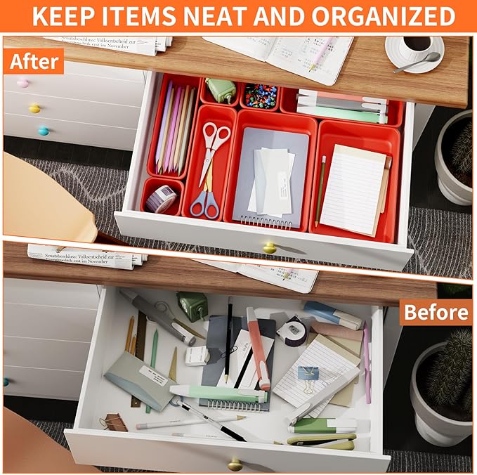 45 Pack Desk Drawer Organizer Tray, 3 Sizes Plastic Drawers Organizer Storage for Kitchen, Bathroom, Office, Vanity, Makeup, Utensils, Junk Drawer Organizer Bins, Gadget Trays for Organizing, Red-NeatNest