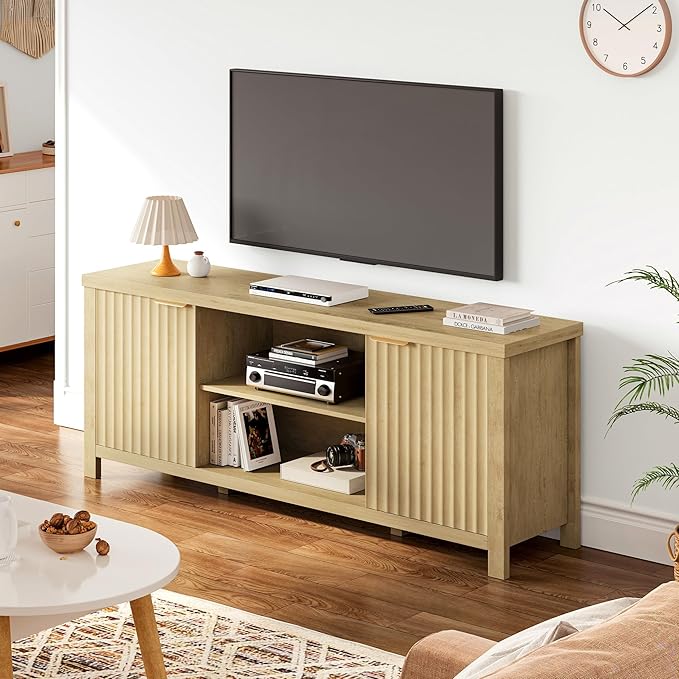Fluted TV Stand for TVs up to 65'',Mid Century Modern Entertainment Center with Adjustable Shelves, Wood Media TV Console Cabinet with Fluted Doors for Living Roon Bedroom Natural LTV90Y-NeatNest