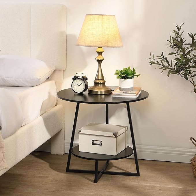 D&H FURNIMMT 20" Living Room Side Table for Small Spaces, 2 Tier Wood Top Round End Tables with Storage Shelf, Accent Sofa Table for Bedroom, Office, Sunroom, Balcony, Black-NeatNest