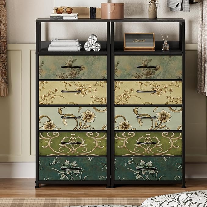 Furnulem Retro 5 Drawers Dresser, Tall Dressers for Bedroom, Closet, Hallway, Nursery, Fabric Storage Tower Organizer, Vertical Nightstand Side Table Furniture, Steel Frame, Wood Top-NeatNest