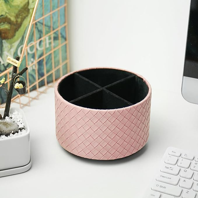 Hennaja Round Leather Art Supply Organizer,Remote Control Holder,360 Degree Spinning,Multi-Functional Pencil Holder,4 Compartments Desktop Stationary Organizer(1-Weave Pink)-NeatNest