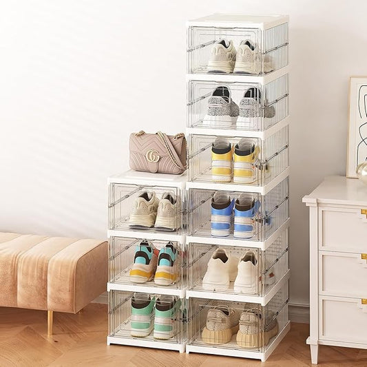 Foldable Shoe Rack Collapsible Storage Box Size up to 14, Stackable Plastic Bins Tote with Lids Organizing Installation Free Clear Dustproof 6-Tiers-NeatNest