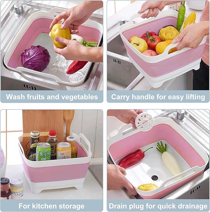 2.4 Gal(9L) Collapsible Dish Basin with Drain Plug, Space Saving Outdoor Multiuse Foldable Sink Tub, Dishpan, Kitchen Storage Tray for Camping, Vegetable Washing, RV (Pink)-NeatNest