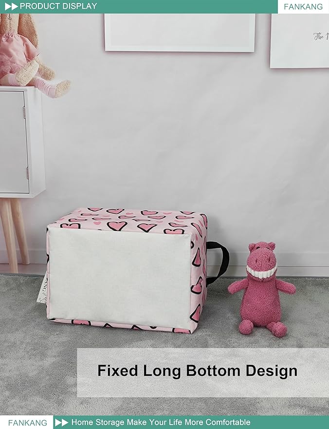 FANKANG Storage Bins, Nursery Hamper Canvas Laundry Basket Foldable with Waterproof PE Coating Large Storage Baskets for Kids Boys and Girls, Office, Bedroom, Clothes,Toys(Rec-Pink Love ）