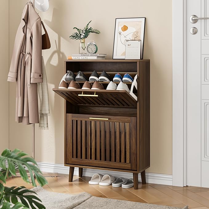 Vibe & Dine 2 Flip Drawer Shoe Cabinet, Narrow Shoe Rack with Gold Handles, Freestanding Shoe Storage Cabinet for Entryway Slim, Wood Shoe Organizer Cabinet for Hallway, Bedroom, Walnut-NeatNest