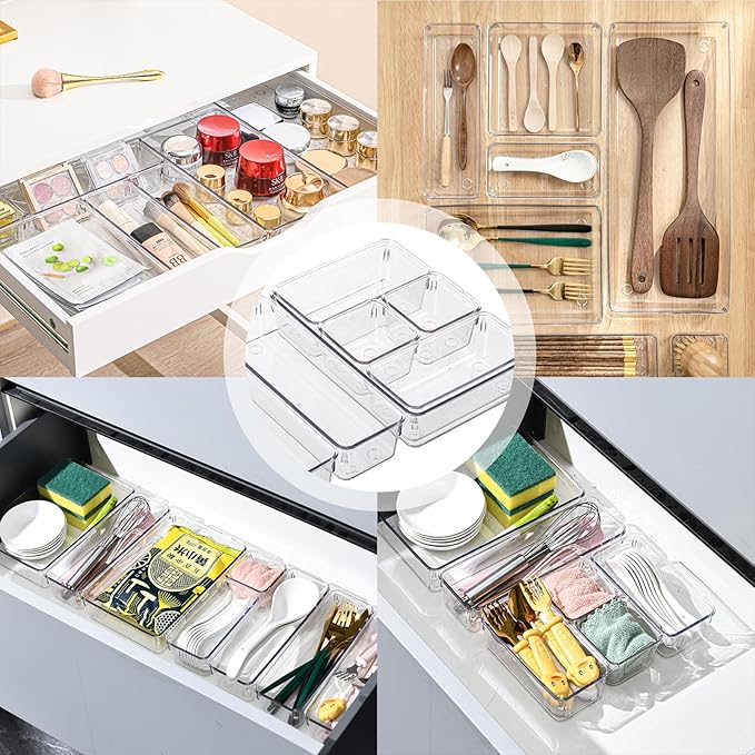 8 Pack Clear Drawer Organizer, 4 Sizes Organization and Storage Trays, Drawer Organizer Bins for Kitchen, Vanity, Bathroom, Office-NeatNest