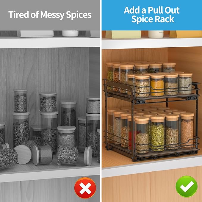 2-Tier Spice Rack, Pull Out Cabinet Organizer Spice Racks Height Adjustable Heavy Duty Metal Basket for Inside Cabinets & Pantry Closet(9.5''Wx10.5''Dx9.5''H)-NeatNest