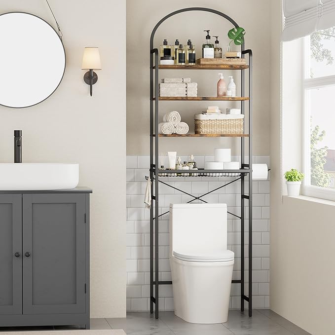 Homhedy 4-Tier Over The Toilet Storage with 4 Hooks and Paper Holder, Space Saving, Bathroom Organizer with Adjustable Feet, Metal Frame and Wooden Shelf,Rustic Brown and Black