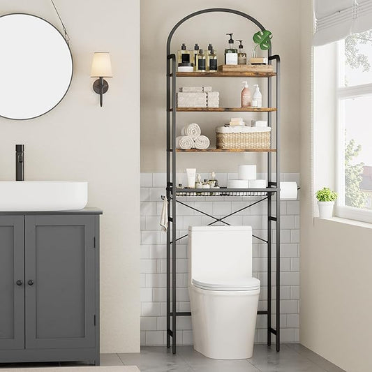 Homhedy 4-Tier Over The Toilet Storage with 4 Hooks and Paper Holder, Space Saving, Bathroom Organizer with Adjustable Feet, Metal Frame and Wooden Shelf,Rustic Brown and Black