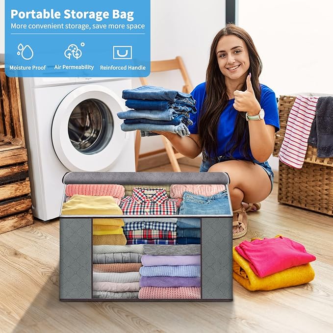Budding Joy Clothes Storage, Foldable Large Storage Bags, Storage and Organization for Clothing, Blanket, Comforter, Clothes, Pillows, Toys, Closet Organizers with Enhanced Handle, 60L 8 Pack-NeatNest