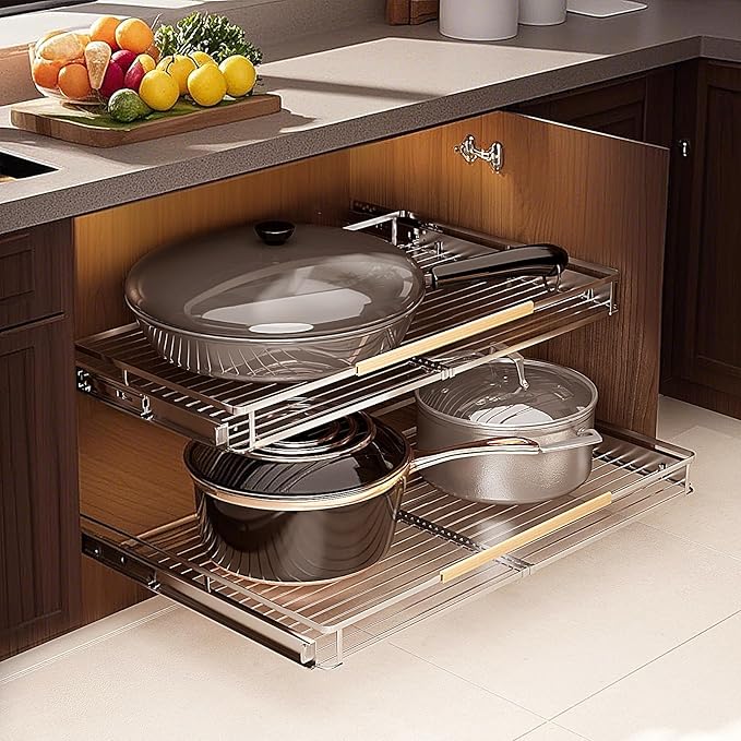 2 Pack Expandable Pull Out Cabinet Organizer，Side Mounting 23.2~39.99"x22.5"Cabinet Pull Out Shelves, Expandable Slide Out Spice Rack for Kitchen Bathroom Office-NeatNest