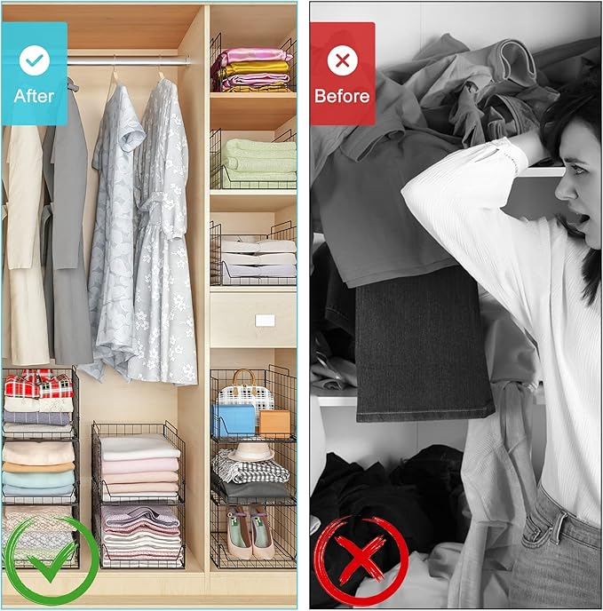 Stackable Closet Organizers and Storage Bins 4 Pack, Sturdy Metal Clothes Storage Container for Clothes Pants Sweaters, Black Folded Drawer Shelf Organizer for Closet Wardrobe