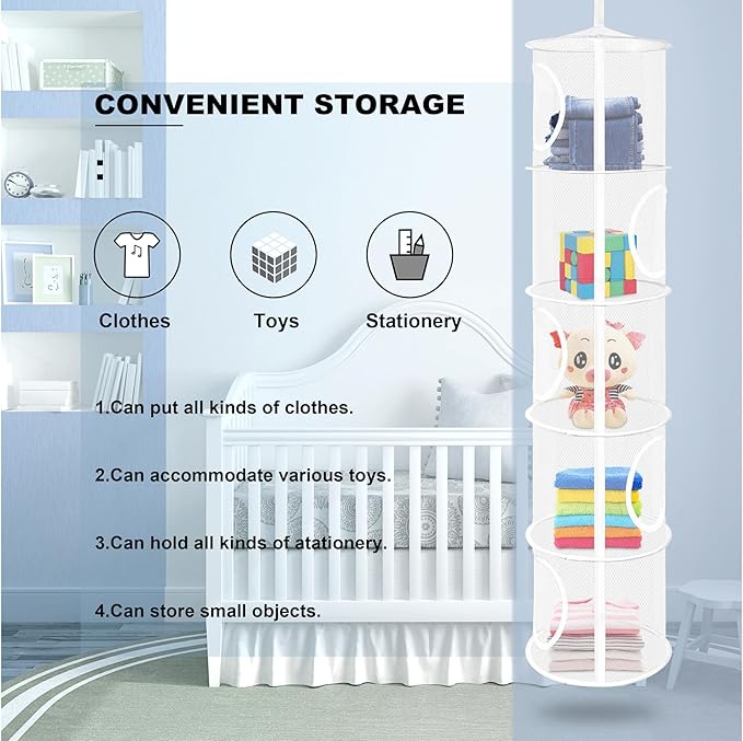 2Pcs Hanging Mesh Space Saver Bags Organizer, Foldable Stuffed Animal Storage Organizer 5 Compartments Toy Storage Organizer for Kid Room Toys, Gloves,Hats,Socks Storage, White-NeatNest