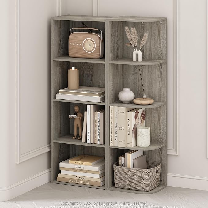 Furinno Reed 4-Tier Space Saving Corner Storage Display Shelf, French Oak-NeatNest
