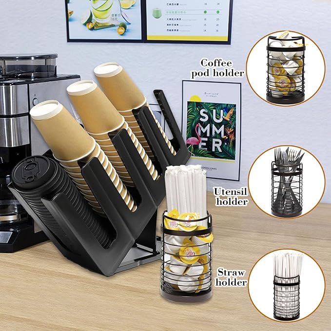 2 Pack Paper Cup and Lid Holder, Adjustable Coffee Cup Holder with Straw Organizer, 4 Compartment Disposable Cup Dispenser with Coffee Pod Basket for Countertop Coffee Station Bar Breakroom, Black-NeatNest