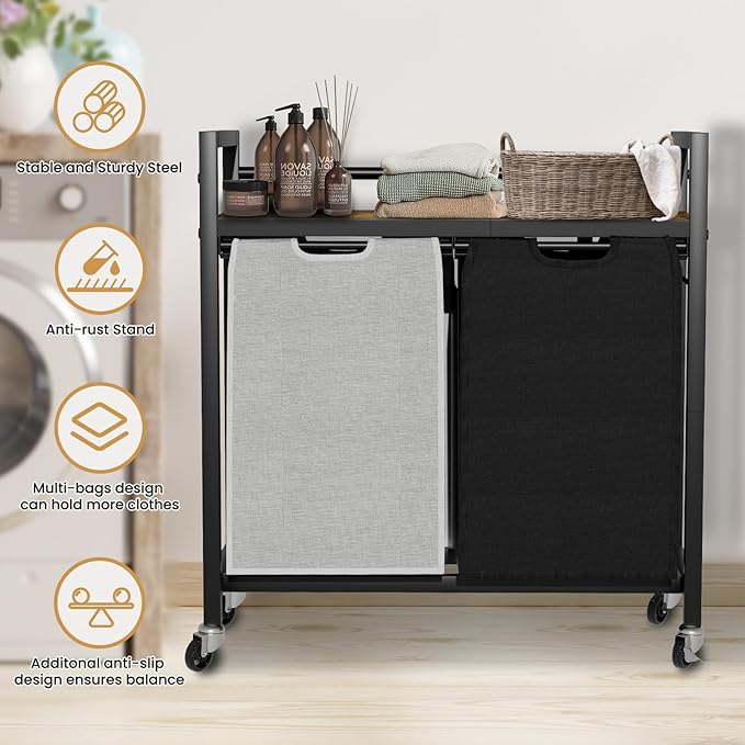 Laundry Hamper, Laundry Basket, Laundry Sorter with 2 Removable Bags, Clothes Basket with 2 Compartments, Wheels, Shelf for Laundry Room Bathroom Bedroom (2 Bags-Black Grey)-NeatNest