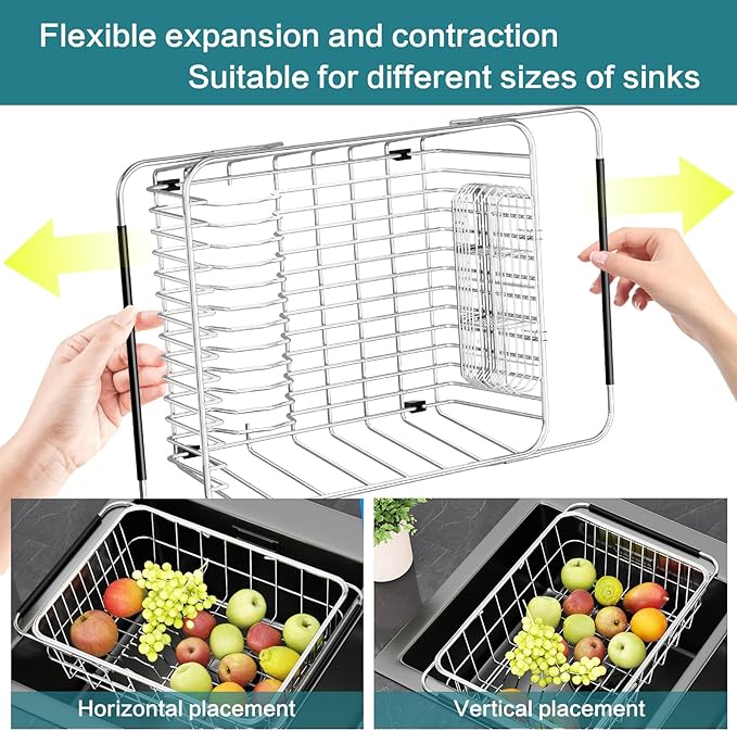 Large Dish Drying Rack in Sink Expandable, Adjustable304 Stainless Steel Metal Dish DrainerRack Organizer with Stainless Steel Utensil Holder Over Inside Sink Counter, Rustproof