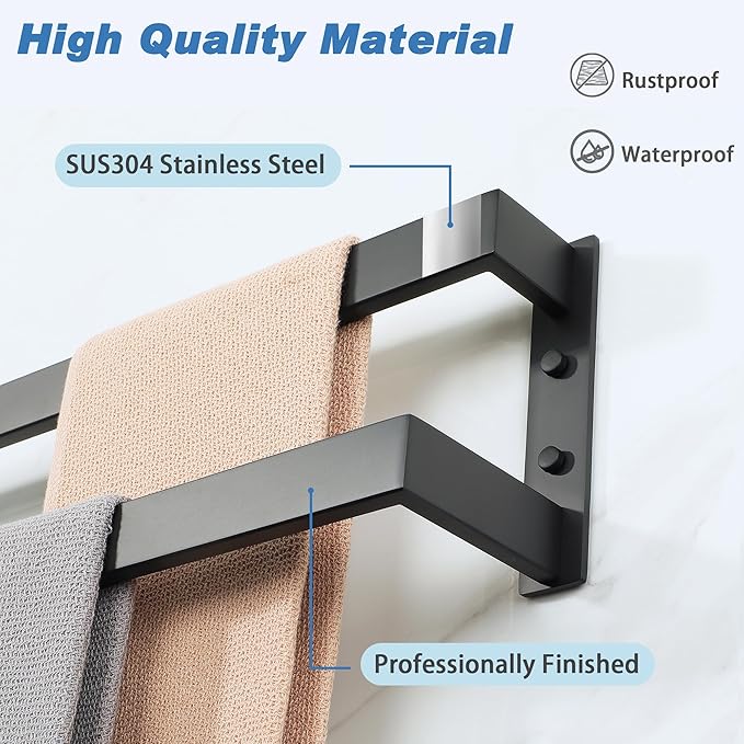 Alise Double Towel Bar 24", SUS304 Stainless Steel Towel Racks for Bathroom Wall Mounted, Heavy Duty Bathroom Towel Holder, Space Saving Towel Hanger, Matte Black