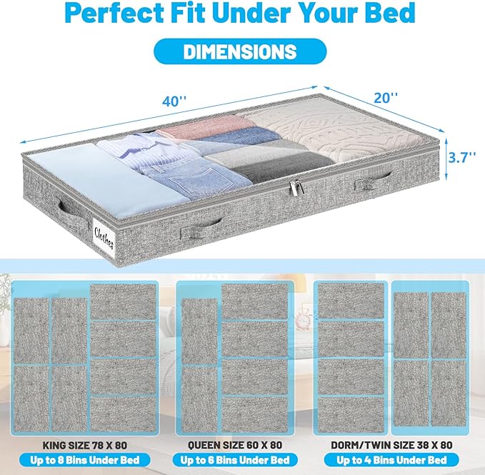 4 Inch Low Profile Under Bed Storage Drawer 4 Pack, Lightweight Underbed Clothes Storage Container Bins with NO STURCTURE, Shallow Storage Bag for Dorm & Home, With Clear Lids and Waterproof Fabric-NeatNest