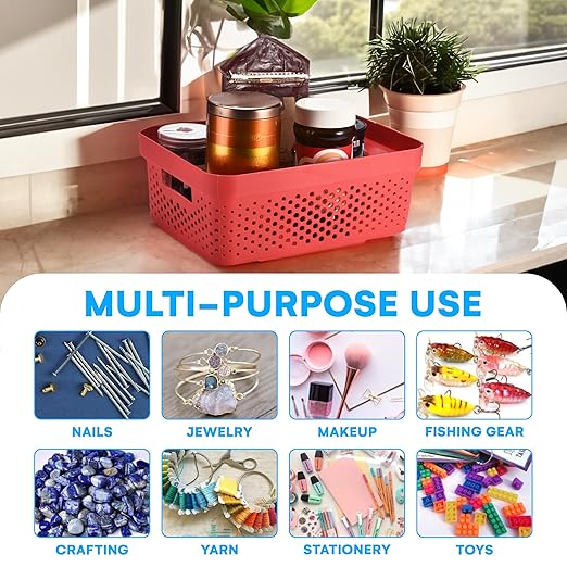 Bins & Things Plastic Storage Bin - Basket Organizer Bins - Suitable as Laundry Bin, Closet Basket, Book Shelf, Pantry Storage - Room Essentials - For Bathroom, Cabinet, & Kitchen - Set of 6 - Red-NeatNest