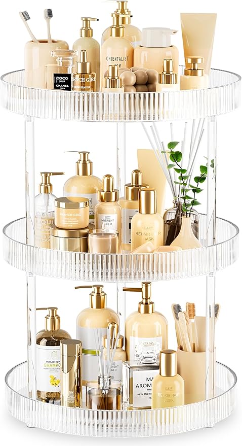 3-Tier Lazy Susan Bathroom Countertop Organizer, 360° Clear Rotating Storage Tray, Cosmetics and Perfume Organizer, Spinning Storage Tray Vanity Organizer Shelf for Bathroom Cabinet, Kitchen(Medium)-NeatNest