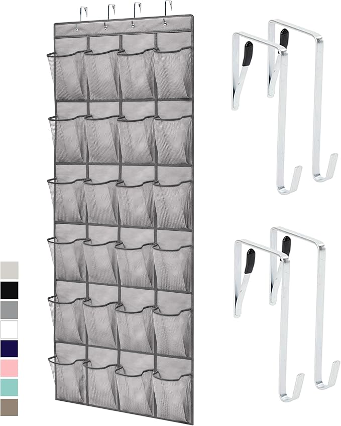 GORILLA GRIP Over the Door Shoe Organizer, 24 Large Breathable Mesh Pockets, Space Saving Hanging Storage Holder, Closet Rack Hanger Holds Up to 40 lbs, Hangs on Closets for Shoes, Accessories, Gray-NeatNest