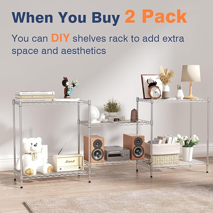 750lbs 3-Tier Wire Shelf Rack,24" Dx14 Wx22 H,Kitchen Metal 3-Shelves Rack with Lockable Wheels,Height Adjustable Wire Shelving Unit and Storage for Living Room,Laundry,Office,Pantry,Studio-NeatNest