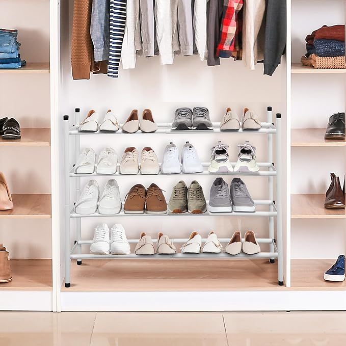 STORAGE MANIAC Expandable Shoe Rack, 16 Pairs Stackable Small Shoe Rack, Metal Adjustable Shoes Organizer for Closet, Entryway, Hallway, Garage, Front Door, Shoes Shelves, White 4 Tier-NeatNest