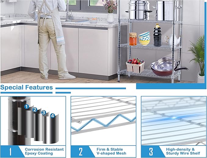 4-Tier Metal Wire Shelving Unit Kitchen Shelf Organizer Storage Rack Utility Snack Shelf, NSF Certified Shelves for shelves Pantry