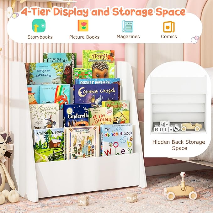 Costzon 4-Tier Kids Bookshelf, Front Facing Children Bookcase with Deep Compartments, Magazine Storage Rack for Kids Bedroom, Playroom, Nursery, Classroom, Kindergarten (White)-NeatNest